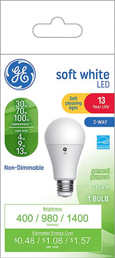 GE 93126861 Light Bulb, 3-Way, A19 Lamp, 30, 70, 100 W Equivalent, Medium Lamp Base, Non-Dimmable, White
